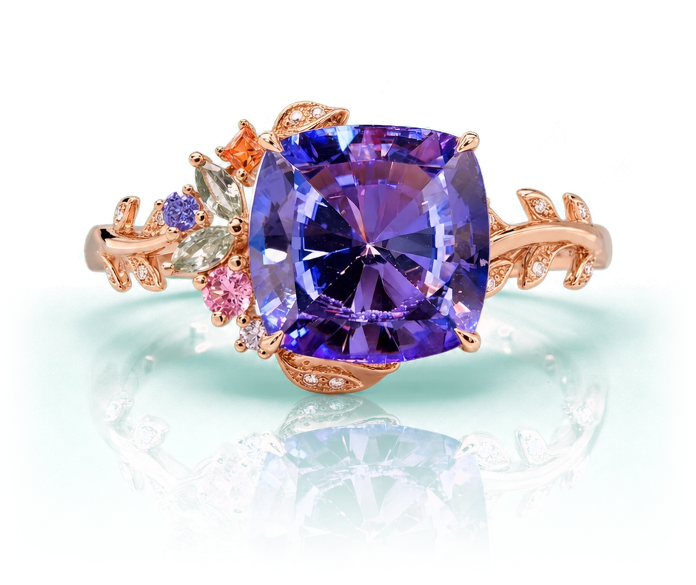 A rose gold ring with a large cushion-cut violet stone and a cluster of small coloured stones